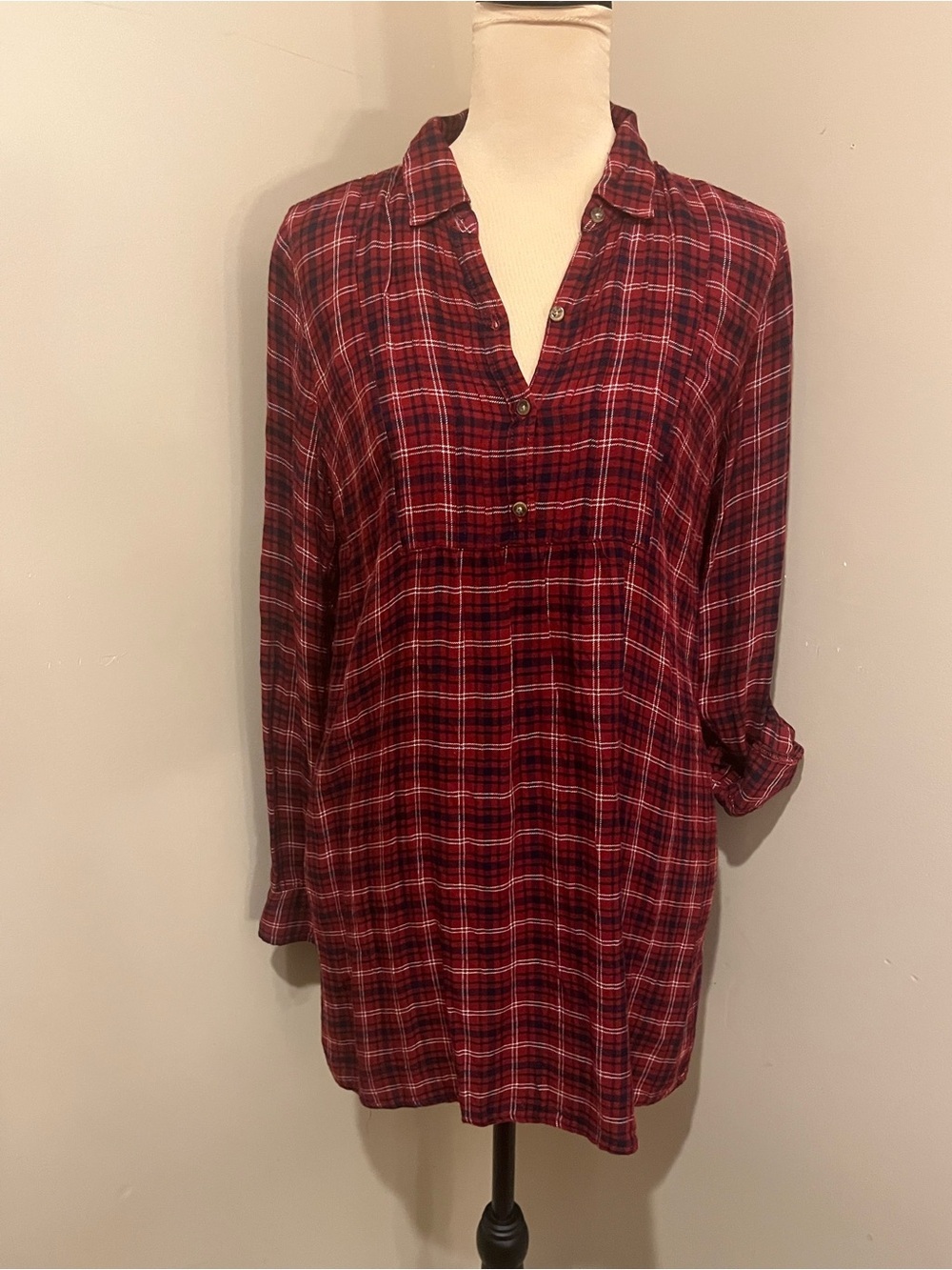 Abercrombie & Fitch Red and Black Plaid Long-Sleeve Tab Sleeve Mini Dress, Small